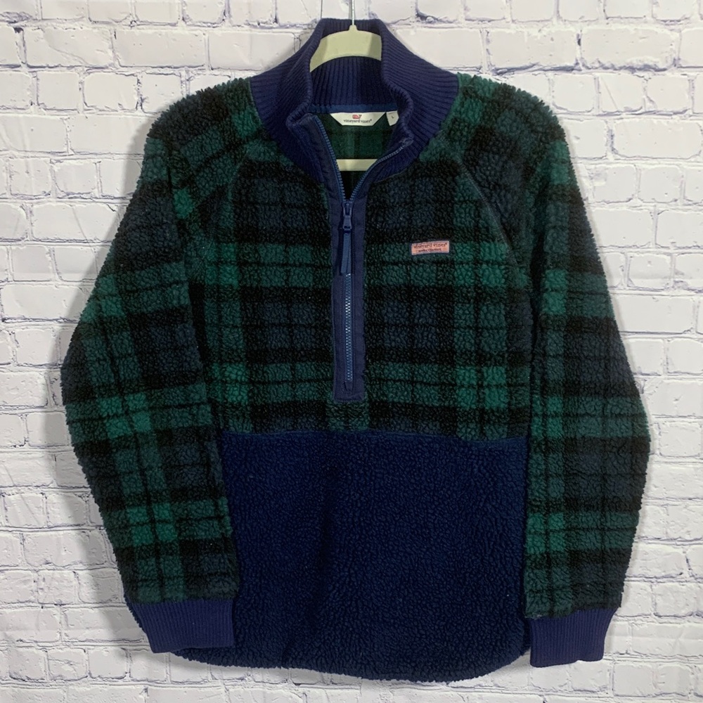 Vineyard Vines Womens Blackwatch Sherpa Half Zip Pullover Navy Green Plaid Sz L